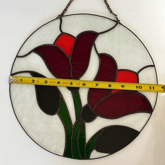 Vintage Tulip Flowers Stained Glass Hanging Panel Art with Chain 11x11 - Picture 3 of 4